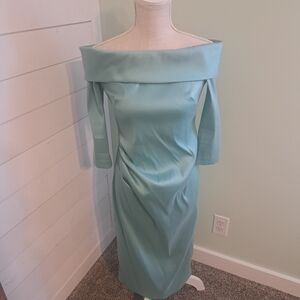 Theia Off-the-Shoulder Seafoam Satin Midi Dress